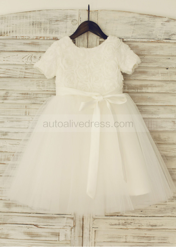 Ivory Rosette Tulle Flower Girl Dress with Short Sleeves